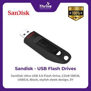 SanDisk Ultra USB 3.0 Flash Drive, CZ48 128GB, USB3.0, Black, stylish sleek design, 5Y