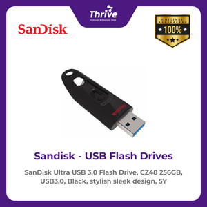 SanDisk Ultra USB 3.0 Flash Drive, CZ48 256GB, USB3.0, Black, stylish sleek design, 5Y