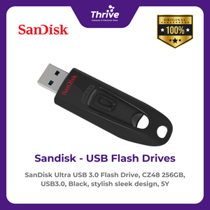 SanDisk Ultra USB 3.0 Flash Drive, CZ48 256GB, USB3.0, Black, stylish sleek design, 5Y