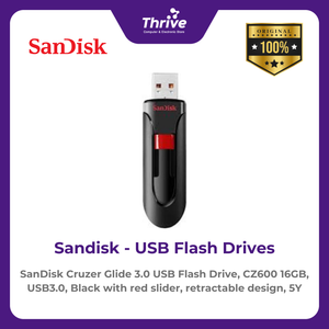 SanDisk Cruzer Glide 3.0 USB Flash Drive, CZ600 16GB, USB3.0, Black with red slider, retractable design, 5Y