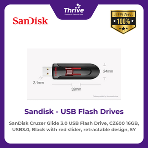 SanDisk Cruzer Glide 3.0 USB Flash Drive, CZ600 16GB, USB3.0, Black with red slider, retractable design, 5Y