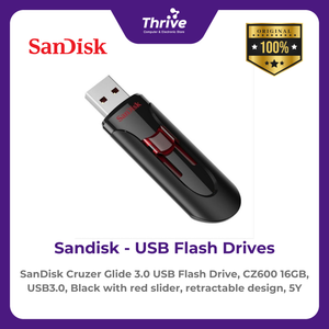 SanDisk Cruzer Glide 3.0 USB Flash Drive, CZ600 16GB, USB3.0, Black with red slider, retractable design, 5Y