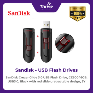 SanDisk Cruzer Glide 3.0 USB Flash Drive, CZ600 16GB, USB3.0, Black with red slider, retractable design, 5Y