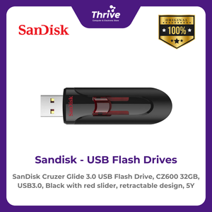 SanDisk Cruzer Glide 3.0 USB Flash Drive, CZ600 32GB, USB3.0, Black with red slider, retractable design, 5Y