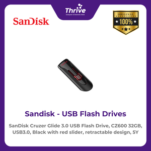 SanDisk Cruzer Glide 3.0 USB Flash Drive, CZ600 32GB, USB3.0, Black with red slider, retractable design, 5Y