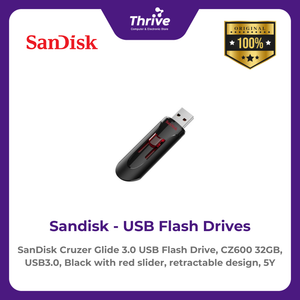 SanDisk Cruzer Glide 3.0 USB Flash Drive, CZ600 32GB, USB3.0, Black with red slider, retractable design, 5Y