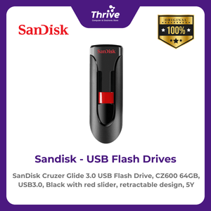 SanDisk Cruzer Glide 3.0 USB Flash Drive, CZ600 64GB, USB3.0, Black with red slider, retractable design, 5Y