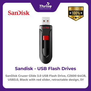 SanDisk Cruzer Glide 3.0 USB Flash Drive, CZ600 64GB, USB3.0, Black with red slider, retractable design, 5Y