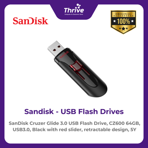 SanDisk Cruzer Glide 3.0 USB Flash Drive, CZ600 64GB, USB3.0, Black with red slider, retractable design, 5Y