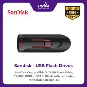 SanDisk Cruzer Glide 3.0 USB Flash Drive, CZ600 128GB, USB3.0, Black with red slider, retractable design, 5Y