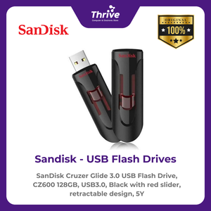 SanDisk Cruzer Glide 3.0 USB Flash Drive, CZ600 128GB, USB3.0, Black with red slider, retractable design, 5Y