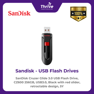 SanDisk Cruzer Glide 3.0 USB Flash Drive, CZ600 256GB, USB3.0, Black with red slider, retractable design, 5Y