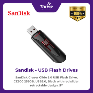 SanDisk Cruzer Glide 3.0 USB Flash Drive, CZ600 256GB, USB3.0, Black with red slider, retractable design, 5Y