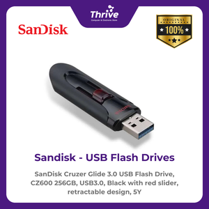 SanDisk Cruzer Glide 3.0 USB Flash Drive, CZ600 256GB, USB3.0, Black with red slider, retractable design, 5Y