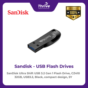 SanDisk Ultra Shift USB 3.2 Gen 1 Flash Drive, CZ410 32GB, USB3.2, Black, compact design, 5Y