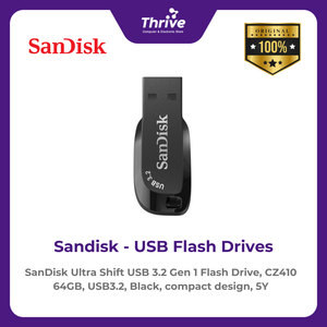 SanDisk Ultra Shift USB 3.2 Gen 1 Flash Drive, CZ410 64GB, USB3.2, Black, compact design, 5Y