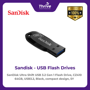 SanDisk Ultra Shift USB 3.2 Gen 1 Flash Drive, CZ410 64GB, USB3.2, Black, compact design, 5Y