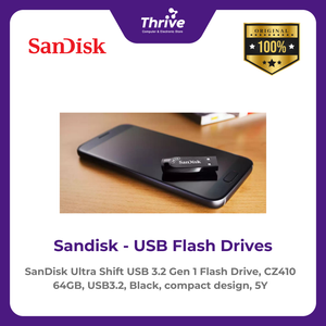 SanDisk Ultra Shift USB 3.2 Gen 1 Flash Drive, CZ410 64GB, USB3.2, Black, compact design, 5Y