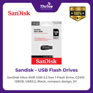 SanDisk Ultra Shift USB 3.2 Gen 1 Flash Drive, CZ410 128GB, USB3.2, Black, compact design, 5Y