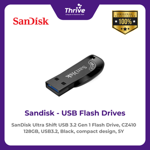 SanDisk Ultra Shift USB 3.2 Gen 1 Flash Drive, CZ410 128GB, USB3.2, Black, compact design, 5Y