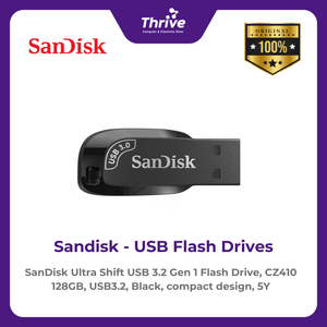 SanDisk Ultra Shift USB 3.2 Gen 1 Flash Drive, CZ410 128GB, USB3.2, Black, compact design, 5Y