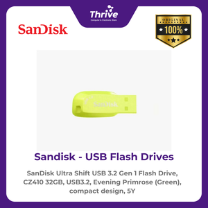 SanDisk Ultra Shift USB 3.2 Gen 1 Flash Drive, CZ410 32GB, USB3.2, Evening Primrose (Green), compact design, 5Y