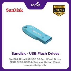 SanDisk Ultra Shift USB 3.2 Gen 1 Flash Drive, CZ410 32GB, USB3.2, Bachelor Button (Blue), compact design, 5Y