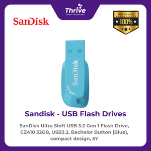 SanDisk Ultra Shift USB 3.2 Gen 1 Flash Drive, CZ410 32GB, USB3.2, Bachelor Button (Blue), compact design, 5Y