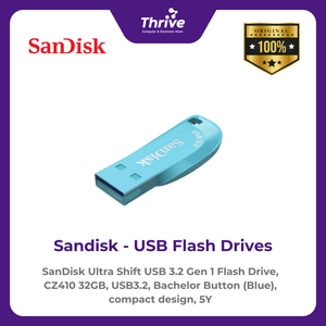 SanDisk Ultra Shift USB 3.2 Gen 1 Flash Drive, CZ410 32GB, USB3.2, Bachelor Button (Blue), compact design, 5Y