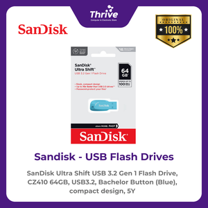 SanDisk Ultra Shift USB 3.2 Gen 1 Flash Drive, CZ410 64GB, USB3.2, Bachelor Button (Blue), compact design, 5Y