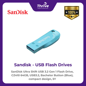 SanDisk Ultra Shift USB 3.2 Gen 1 Flash Drive, CZ410 64GB, USB3.2, Bachelor Button (Blue), compact design, 5Y