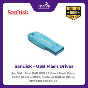 SanDisk Ultra Shift USB 3.2 Gen 1 Flash Drive, CZ410 64GB, USB3.2, Bachelor Button (Blue), compact design, 5Y