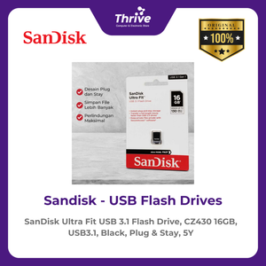 SanDisk Ultra Fit USB 3.1 Flash Drive, CZ430 16GB, USB3.1, Black, Plug & Stay, 5Y