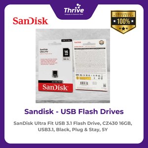 SanDisk Ultra Fit USB 3.1 Flash Drive, CZ430 16GB, USB3.1, Black, Plug & Stay, 5Y