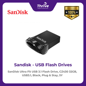 SanDisk Ultra Fit USB 3.1 Flash Drive, CZ430 32GB, USB3.1, Black, Plug & Stay, 5Y