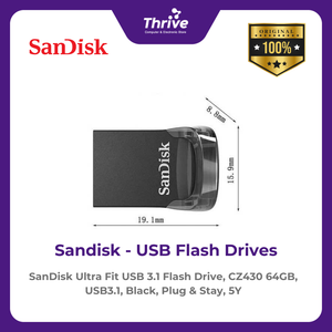 SanDisk Ultra Fit USB 3.1 Flash Drive, CZ430 64GB, USB3.1, Black, Plug & Stay, 5Y