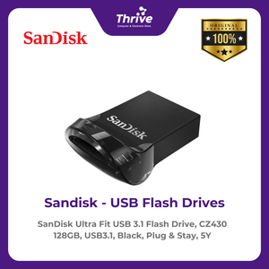 SanDisk Ultra Fit USB 3.1 Flash Drive, CZ430 128GB, USB3.1, Black, Plug & Stay, 5Y