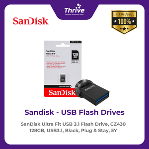 SanDisk Ultra Fit USB 3.1 Flash Drive, CZ430 128GB, USB3.1, Black, Plug & Stay, 5Y