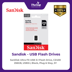 SanDisk Ultra Fit USB 3.1 Flash Drive, CZ430 256GB, USB3.1, Black, Plug & Stay, 5Y