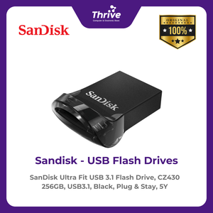 SanDisk Ultra Fit USB 3.1 Flash Drive, CZ430 256GB, USB3.1, Black, Plug & Stay, 5Y