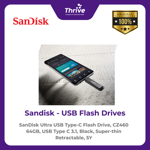 SanDisk Ultra USB Type-C Flash Drive, CZ460 64GB, USB Type C 3.1, Black, Super-thin Retractable, 5Y