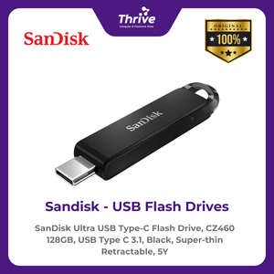 SanDisk Ultra USB Type-C Flash Drive, CZ460 128GB, USB Type C 3.1, Black, Super-thin Retractable, 5Y