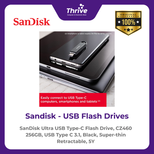 SanDisk Ultra USB Type-C Flash Drive, CZ460 256GB, USB Type C 3.1, Black, Super-thin Retractable, 5Y