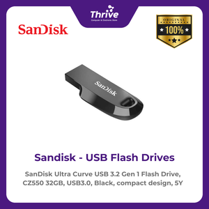 SanDisk Ultra Curve USB 3.2 Gen 1 Flash Drive, CZ550 32GB, USB3.0, Black, compact design, 5Y