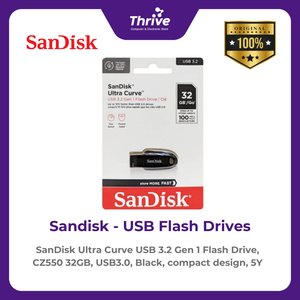 SanDisk Ultra Curve USB 3.2 Gen 1 Flash Drive, CZ550 32GB, USB3.0, Black, compact design, 5Y