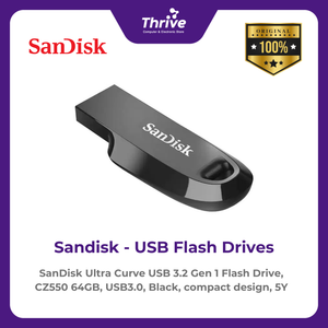 SanDisk Ultra Curve USB 3.2 Gen 1 Flash Drive, CZ550 64GB, USB3.0, Black, compact design, 5Y