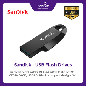 SanDisk Ultra Curve USB 3.2 Gen 1 Flash Drive, CZ550 64GB, USB3.0, Black, compact design, 5Y