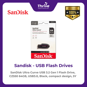 SanDisk Ultra Curve USB 3.2 Gen 1 Flash Drive, CZ550 64GB, USB3.0, Black, compact design, 5Y