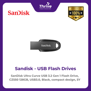 SanDisk Ultra Curve USB 3.2 Gen 1 Flash Drive, CZ550 128GB, USB3.0, Black, compact design, 5Y