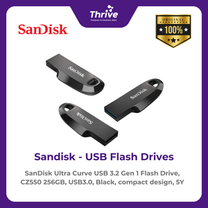 SanDisk Ultra Curve USB 3.2 Gen 1 Flash Drive, CZ550 256GB, USB3.0, Black, compact design, 5Y